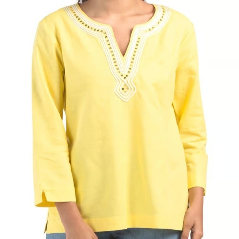Pappagallo Embroidered Linen Tunic Top XL Yellow White Coastal Resort Wear NWT